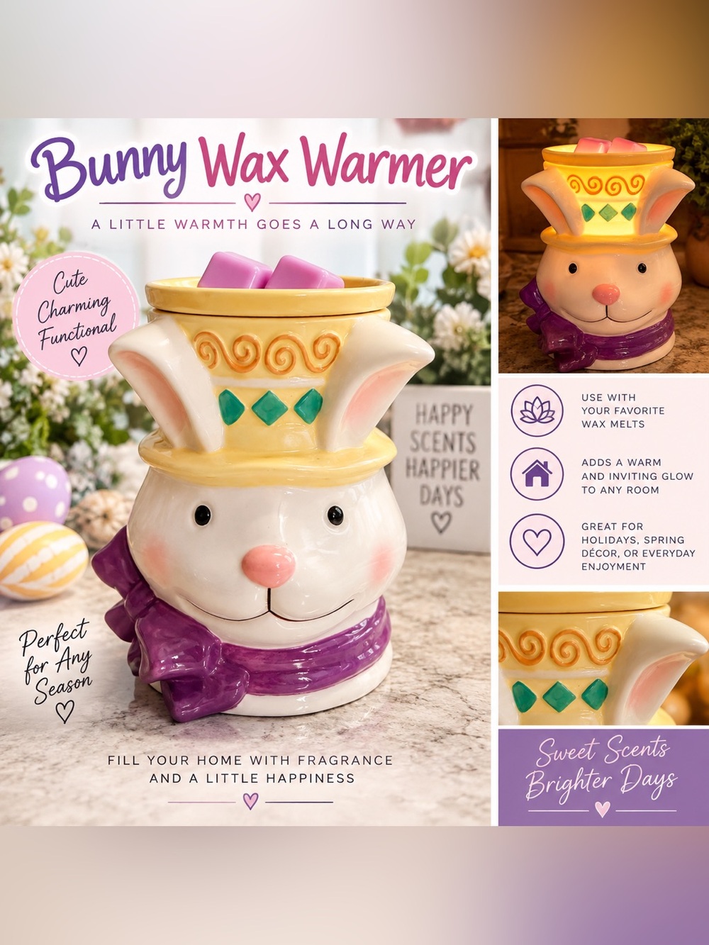 Scensty Ceramic Easter Bunny Wax Warmer with Top Hat & Purple Scarf